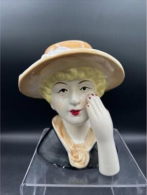 Vintage Fashion Lady Head Figurine 5 1/2” with Red Nails and Wide Brimmed Hat